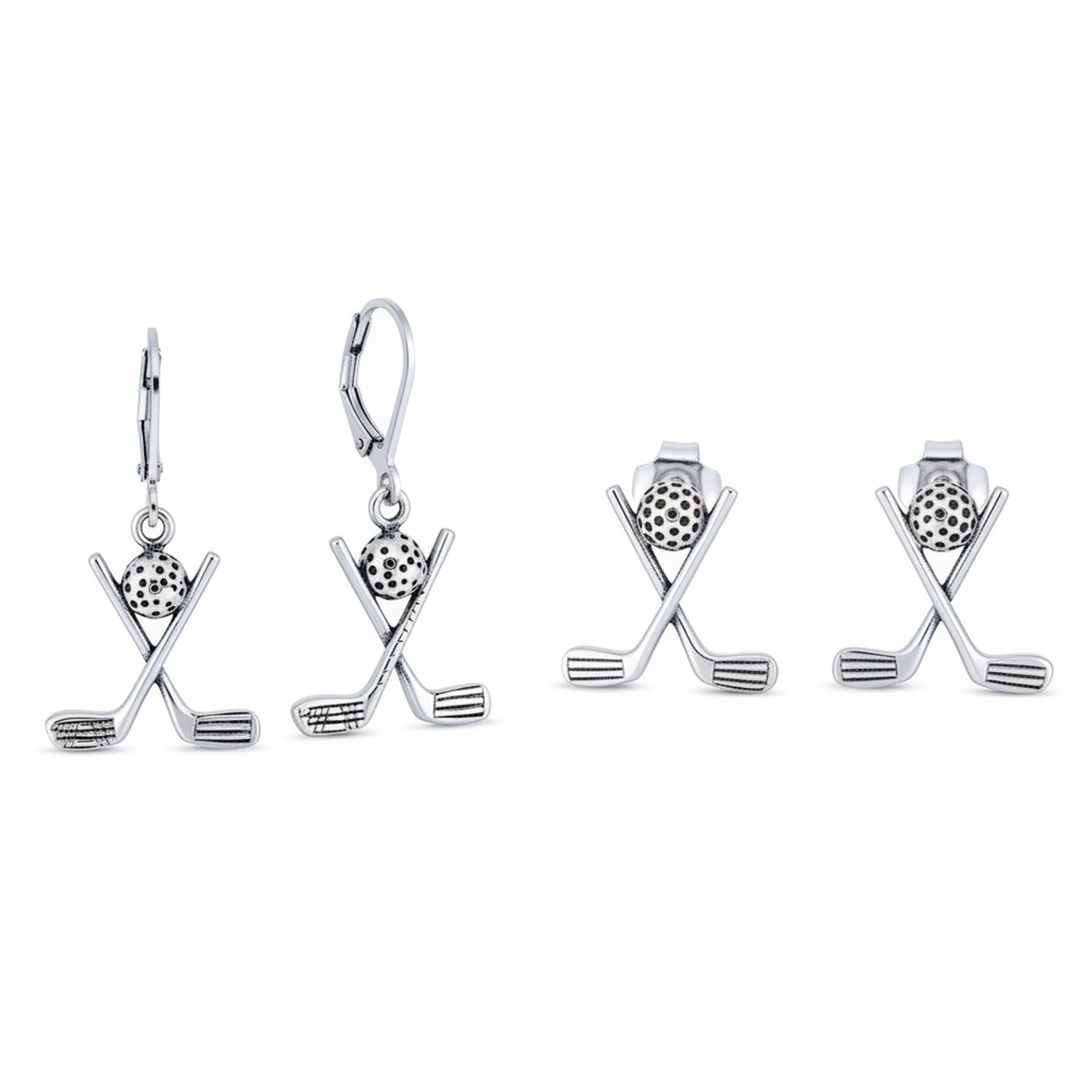 sterling-silver-golf-club-ball-tee-earring-set_pmr-e11468-set-az Set of 2 Golf Ball & Club Dangle and Stud Earrings Oxidized Sterling Silver - Image 1