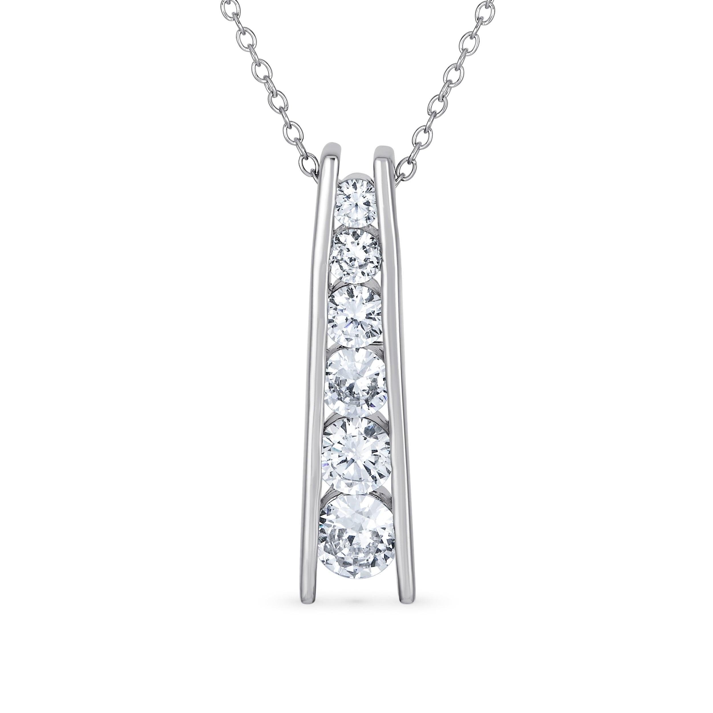 sterling-silver-graduated-cz-necklace_yc-ycp176-az_1 Solitaire CZ Round Graduated Pendant Necklace Sterling Silver Journey Bar Design - Image 1