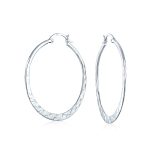 Boho Hammered Flat Hoop Huggie Earrings in Silver 1.5 Inch
