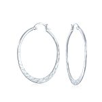 Boho Hammered Flat Hoop Huggie Earrings in Silver 1.5 Inch