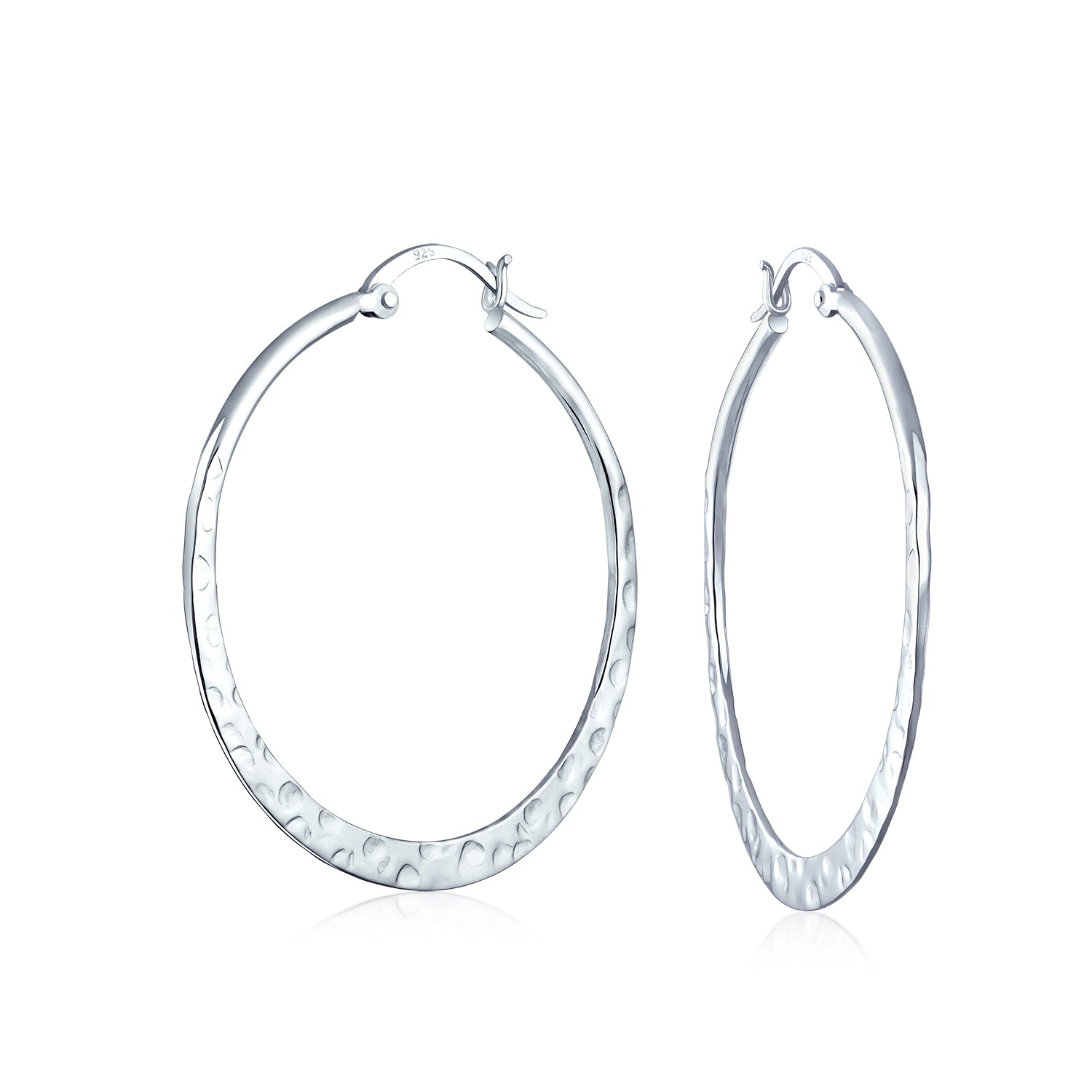 sterling-silver-hammered-hoop-earrings_pk-9013-az_1 Boho Hammered Flat Hoop Huggie Earrings in Silver 1.5 Inch - Image 1