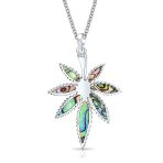 Large Rainbow Abalone Shell Inlay Marijuana Leaf Dangle Pendant Necklace Sterling Silver With Chain