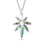 Large Rainbow Abalone Shell Inlay Marijuana Leaf Dangle Pendant Necklace Sterling Silver With Chain