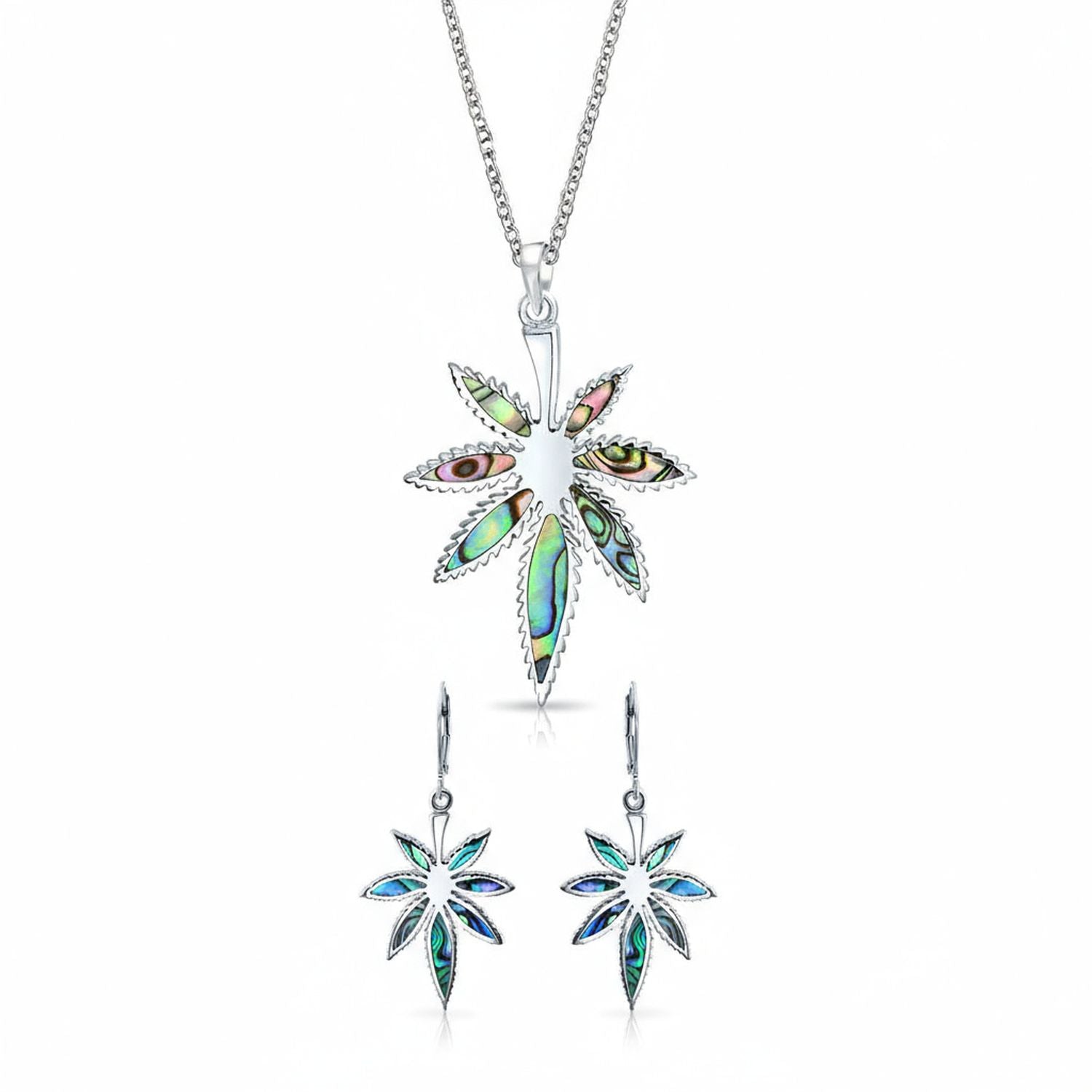 sterling-silver-marijuana-leaf-pendant_necklace_earring_eam-eam-tse6506-set-az Rainbow Abalone Marijuana Leaf Necklace & Earrings Jewelry Set Sterling Silver - Image 1