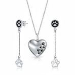 Set of 2 Pet BFF Black Enamel Paw Dangle & Heart Stud Earrings Sterling Silver
