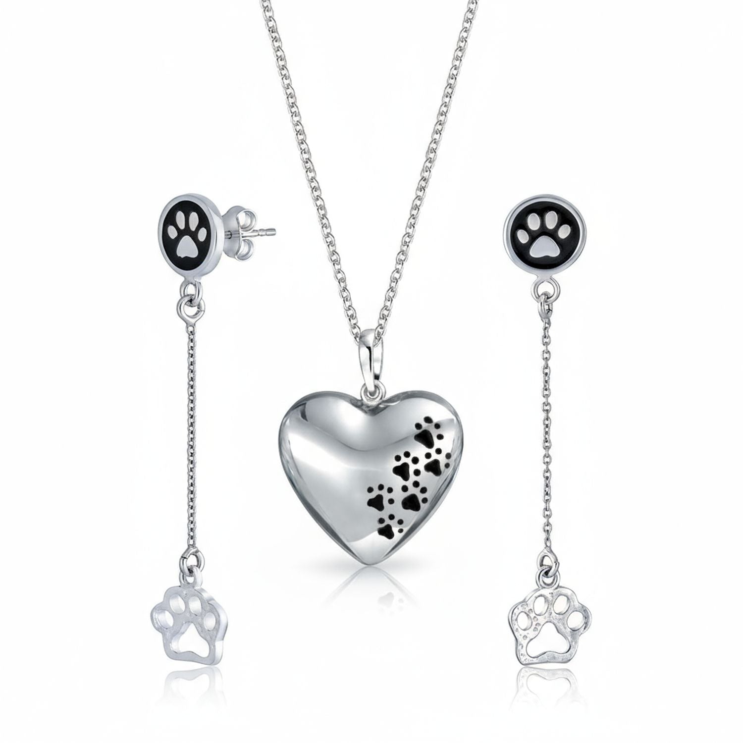 sterling-silver-paw-prints-heart-paw-pendant-necklace-dangle-earring_srn-s100450e-set-az Set of 2 Pet BFF Black Enamel Paw Dangle & Heart Stud Earrings Sterling Silver - Image 1