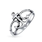 Nautical Sailor Boat Rope Anchor Ring Band Oxidized .925 Sterling Silver