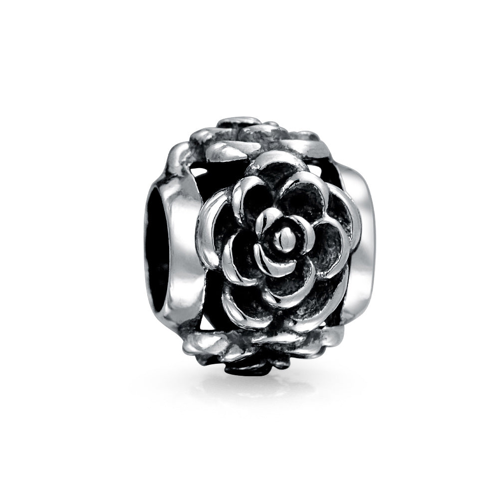 sterling-silver-rose-flower-bead_pbx-hs-009-darken-az_1 Flower Garden Black Rose Charm Bead in Oxidized Sterling Silver for Bracelets - Image 1