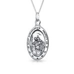 Religious Patron of Safe Travel Saint Christopher Oval Medal Pendant Necklace Silver