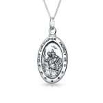 Religious Patron of Safe Travel Saint Christopher Oval Medal Pendant Necklace Silver