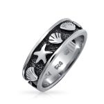 Sea Life Black Starfish Clam Shell Band Ring 925 Sterling Silver 5MM