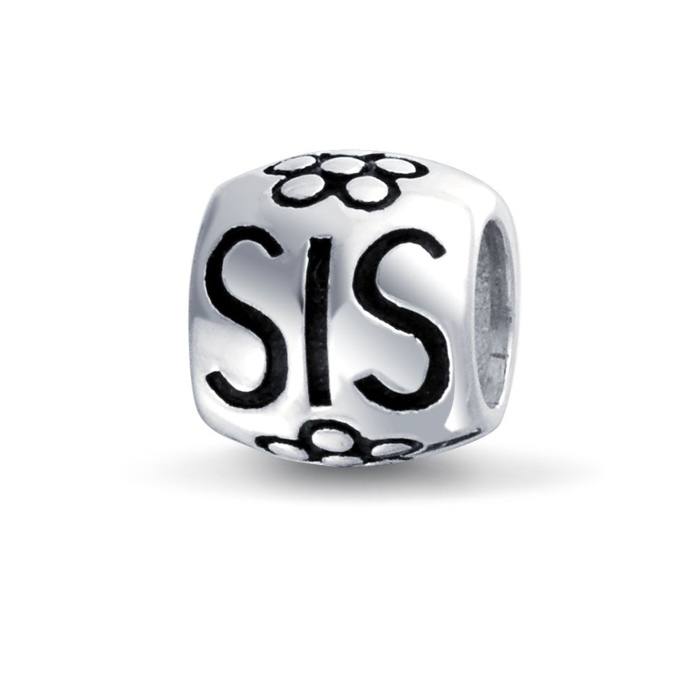 sterling-silver-sis-barrel-bead_pbx-df-sb-1131_1 SIS Heart Flower Charm Bead for BFF Sorority Sister Sterling Silver Bracelet - Image 1