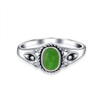 Petite Cabochon Boho Silver Ring Green Jade and Filigree Band August Birthstone - Image 2