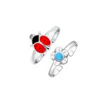 Set of 2 Sun Flower Blue Turquoise and Lucky Red Ladybug Midi Toe Ring Silver