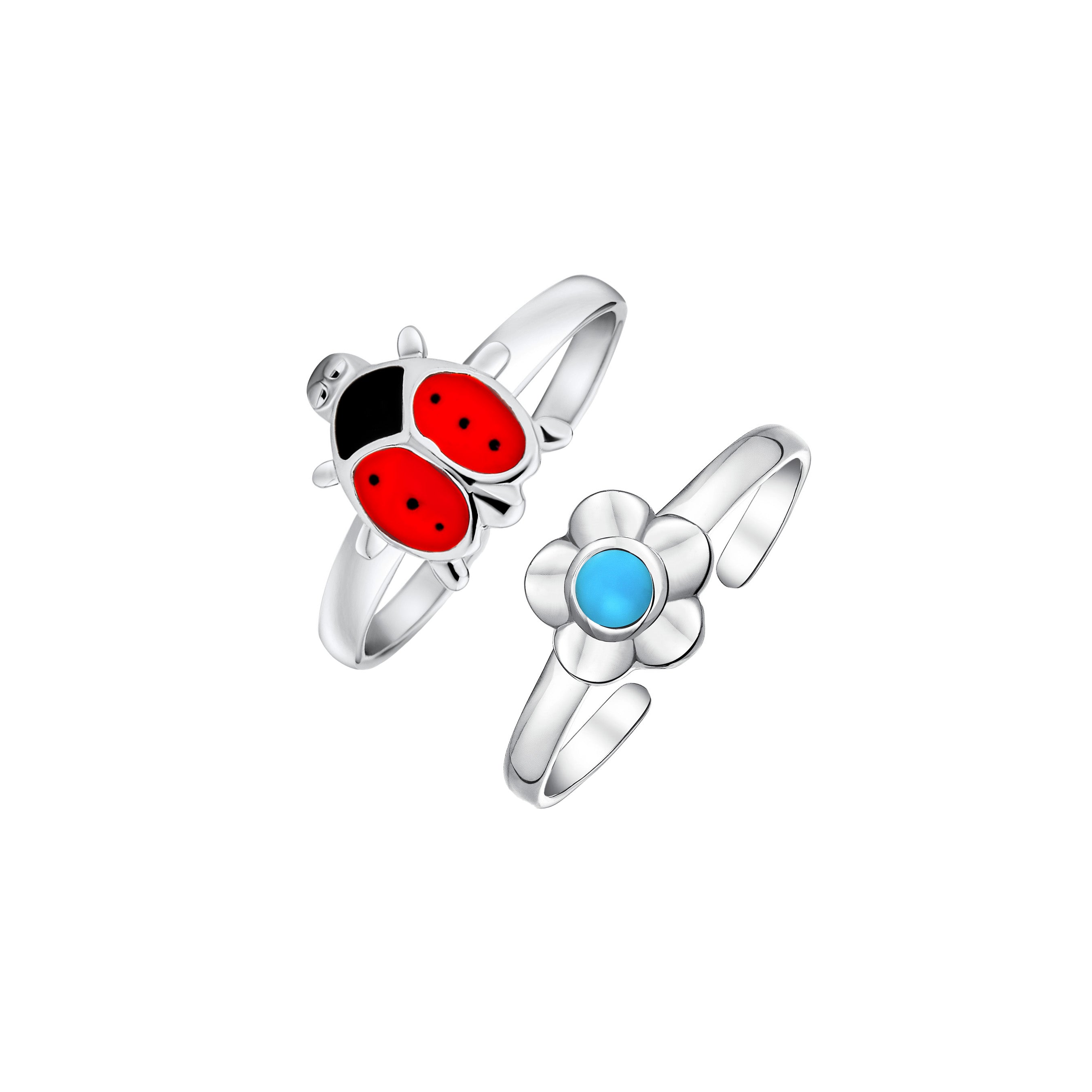sterling-turquoise-flower-toe-ring-pmr-r20654-set-az Set of 2 Sun Flower Blue Turquoise and Lucky Red Ladybug Midi Toe Ring Silver - Image 1