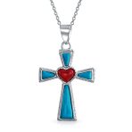 Blue Turquoise & Red Heart Religious Cross Necklace Pendant .925 Sterling Silver