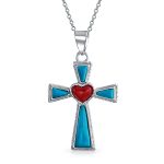 Blue Turquoise & Red Heart Religious Cross Necklace Pendant .925 Sterling Silver