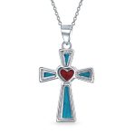 Blue Turquoise & Red Heart Religious Cross Necklace Pendant .925 Sterling Silver - Image 3