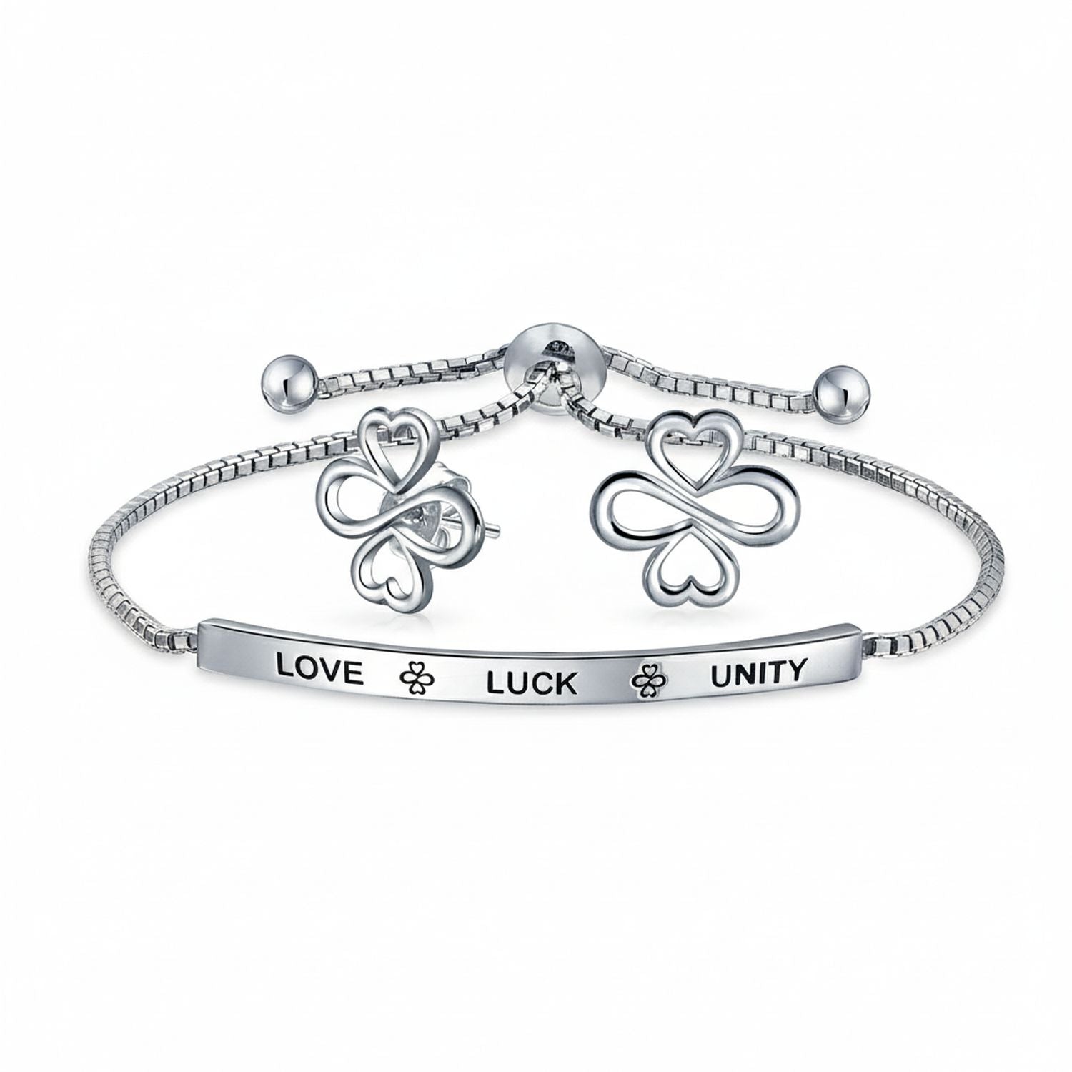 sterling_silver_ayllu_bracelet_earring_bolo_ayl-113-set-az Ayllu Heart Infinity Clover Love Luck & Unity Bolo Bracelet & Stud Earrings - Image 1