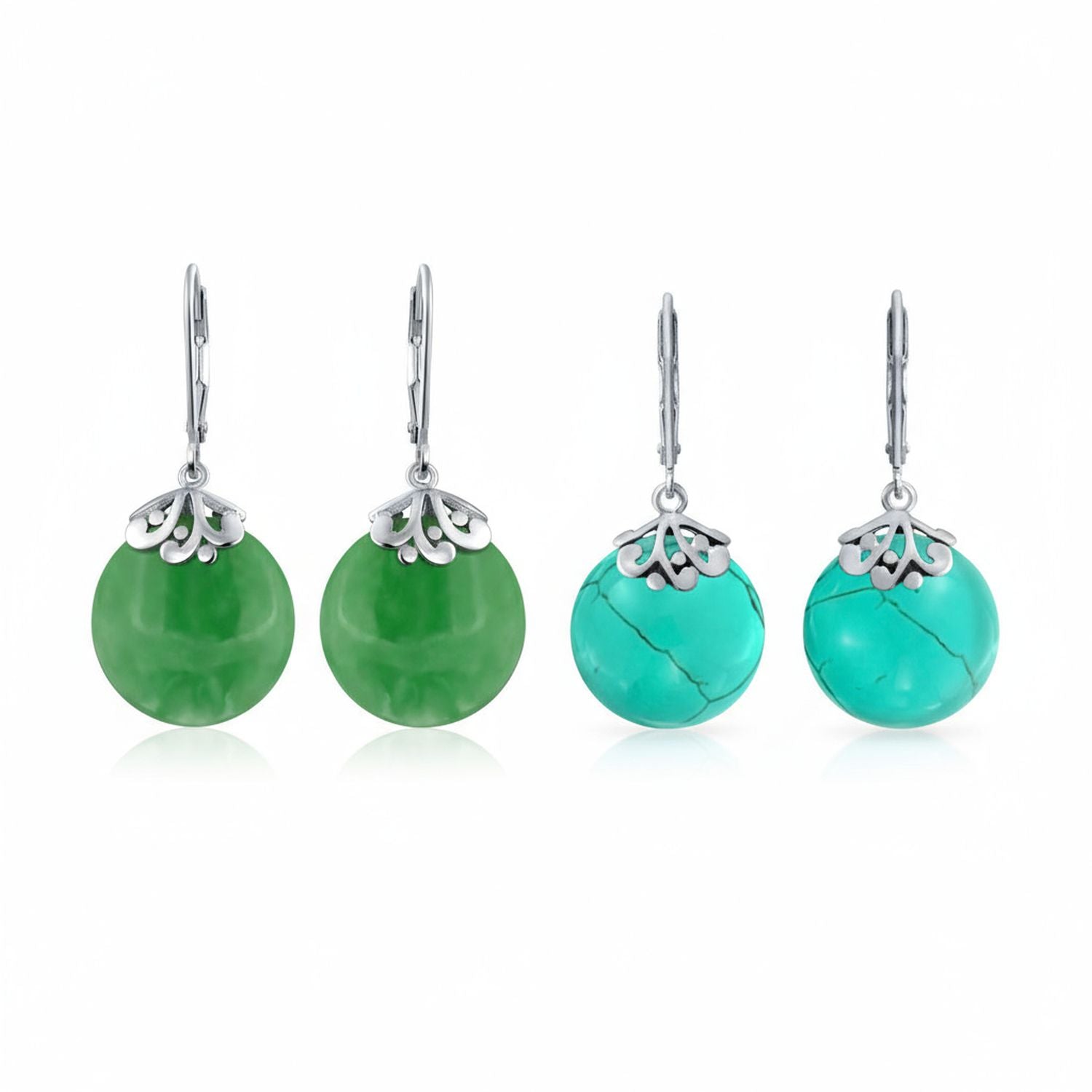 sterling_silver_decorative_turquois_dangle_earrings_wj-swe7068tq-set-az Set of 2 Filigree Lever Back Gemstones Turquoise & Jade Disc Dangle Earrings - Image 1