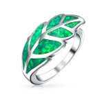 Nature Leaf Green Created Opal Leaf Band Ring .925 Sterling Silver