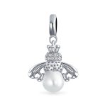 Garden Insect Pearl Queen Bee Dangle Charm Bead for Mom Sterling Silver Bracelet
