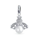 Garden Insect Pearl Queen Bee Dangle Charm Bead for Mom Sterling Silver Bracelet