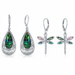 Set of 2 Butterfly Dragonfly & Filigree Teardrop Abalone Shell Dangle Earrings