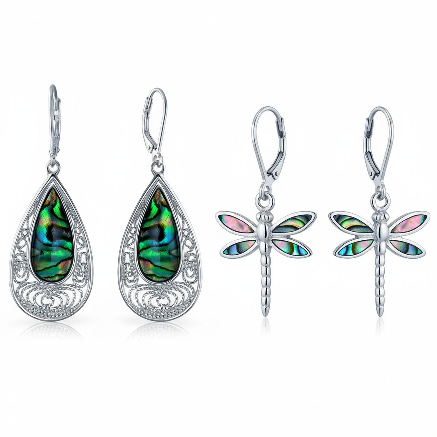 sterling_silver_teardrop_earrings_dragonfly_pair_wj-swe5171-01b-l-set-az Set of 2 Butterfly Dragonfly & Filigree Teardrop Abalone Shell Dangle Earrings - Image 1