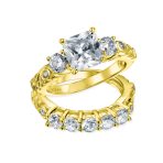 Art Deco Style 3CTW CZ Three Stone Past Present Future Engagement Ring Set Gold Plated Sterling Silver