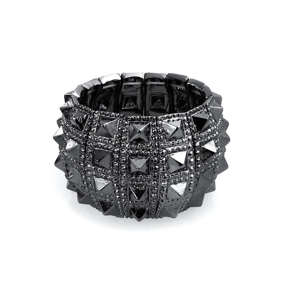 stretch-black-spike-bracelet-elj-br0211-az_2 Black Grey Goth Biker Stretch Bracelet Wide Cuff Punk Rock - Image 1