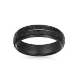 Stripe Grooved Titanium Wedding Band Ring - Black Matte Hammered Comfort Fit - Image 2