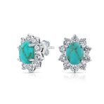 Vintage Style Oval CZ Halo Turquoise Stud Earrings Silver Plated