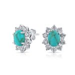 Vintage Style Oval CZ Halo Turquoise Stud Earrings Silver Plated