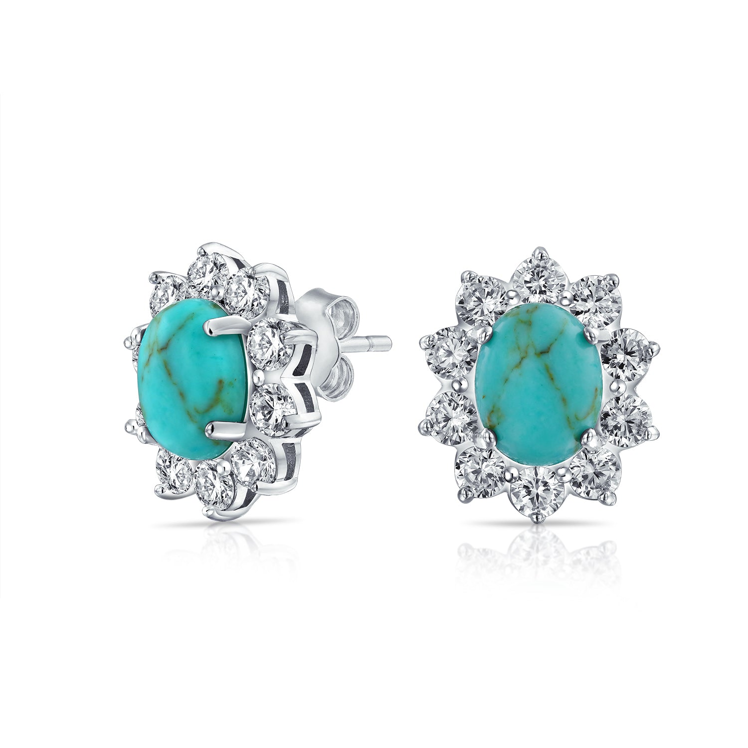 stud-crown-turquoise-oval-earrings_rch-tq8-ovl-az_1 Vintage Style Oval CZ Halo Turquoise Stud Earrings Silver Plated - Image 1
