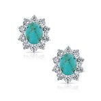 Vintage Style Oval CZ Halo Turquoise Stud Earrings Silver Plated - Image 2