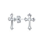 Delicate Fleur De Lis Cross Stud Earrings Sterling Silver Religious Jewelry Gift
