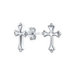Delicate Fleur De Lis Cross Stud Earrings Sterling Silver Religious Jewelry Gift