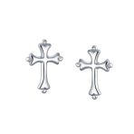 Delicate Fleur De Lis Cross Stud Earrings Sterling Silver Religious Jewelry Gift - Image 2