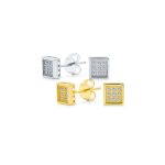 Set of 2 Geometric Square CZ Stud Earrings Gold Sterling Silver 5MM