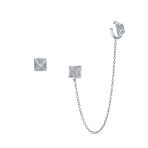 Geometric Pyramid Chain Ear Cuff Cartilage Wrap Earring Pave CZ Stud Set Silver