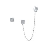 Geometric Pyramid Chain Ear Cuff Cartilage Wrap Earring Pave CZ Stud Set Silver
