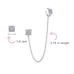 Geometric Pyramid Chain Ear Cuff Cartilage Wrap Earring Pave CZ Stud Set Silver - Image 3