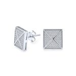 Geometric Men's Square CZ Stud Earrings, Sterling Silver, 9-11 MM Pyramid Design