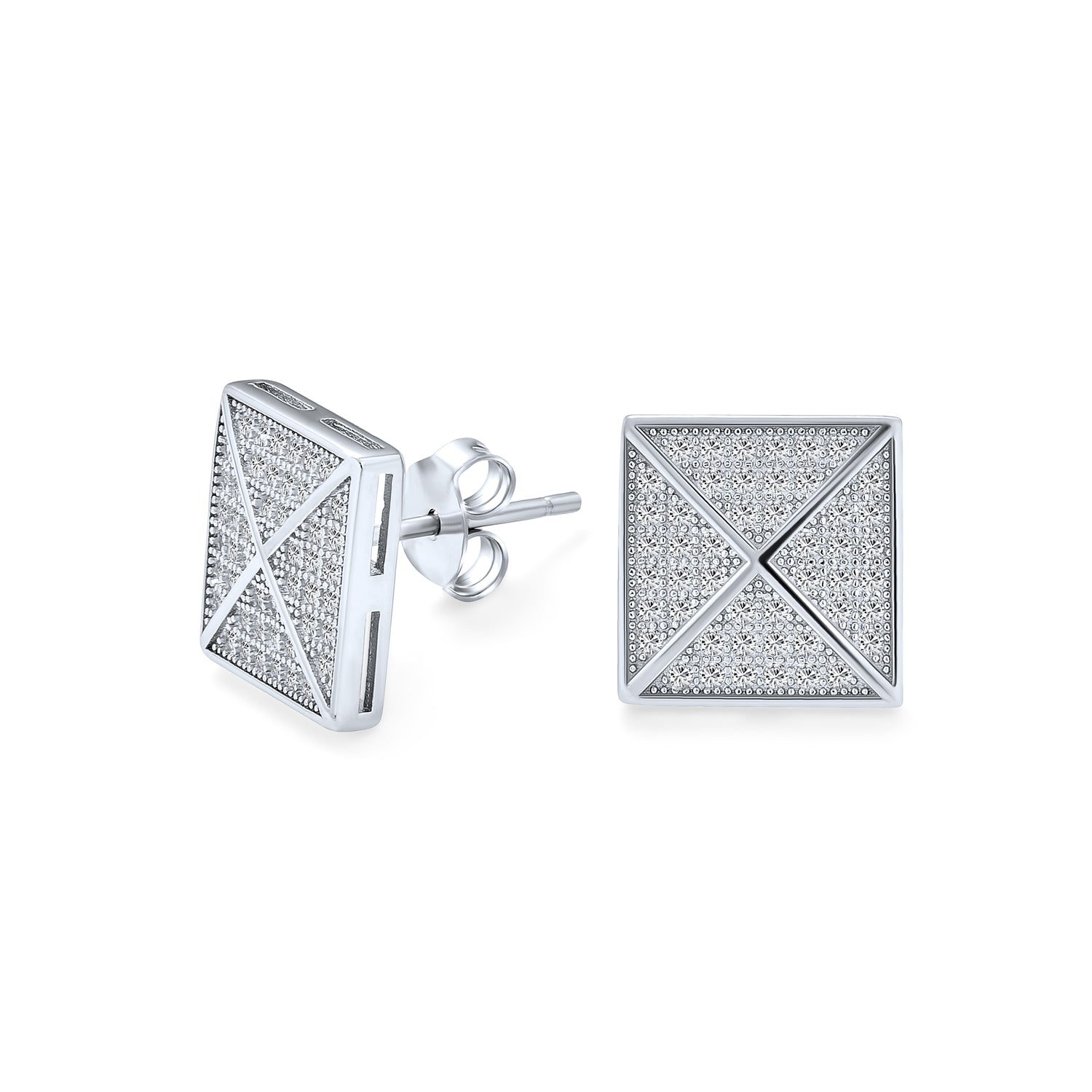 stud-silver-earring-pyramid-kite-cz_dk-me018-11mm_1 Geometric Men's Square CZ Stud Earrings, Sterling Silver, 9-11 MM Pyramid Design - Image 1