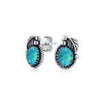 Native American Style Gemstone Bezel Leaf Rope Stud Earrings in Sterling Silver