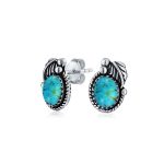 Native American Style Gemstone Bezel Leaf Rope Stud Earrings in Sterling Silver