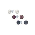 Set of 3 White Black Brown Freshwater Cultured Pearl Stud Earrings Silver 7MM