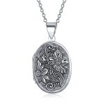 Oval Photo Keepsake Locket Necklace Floral Sunflower Embossed Design Oxidized .925 Sterling Silver