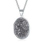 Oval Photo Keepsake Locket Necklace Floral Sunflower Embossed Design Oxidized .925 Sterling Silver